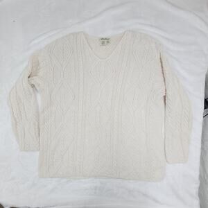 Eddie Bauer Cableknit Sweater V-Neck Cream Plus Fisherman Aran Style XXL